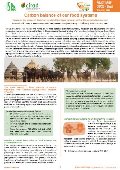 Carbon balance of our food systems Enhance the vision of Sahelian pastoral livestock farming within the negotiation arenas (cover)