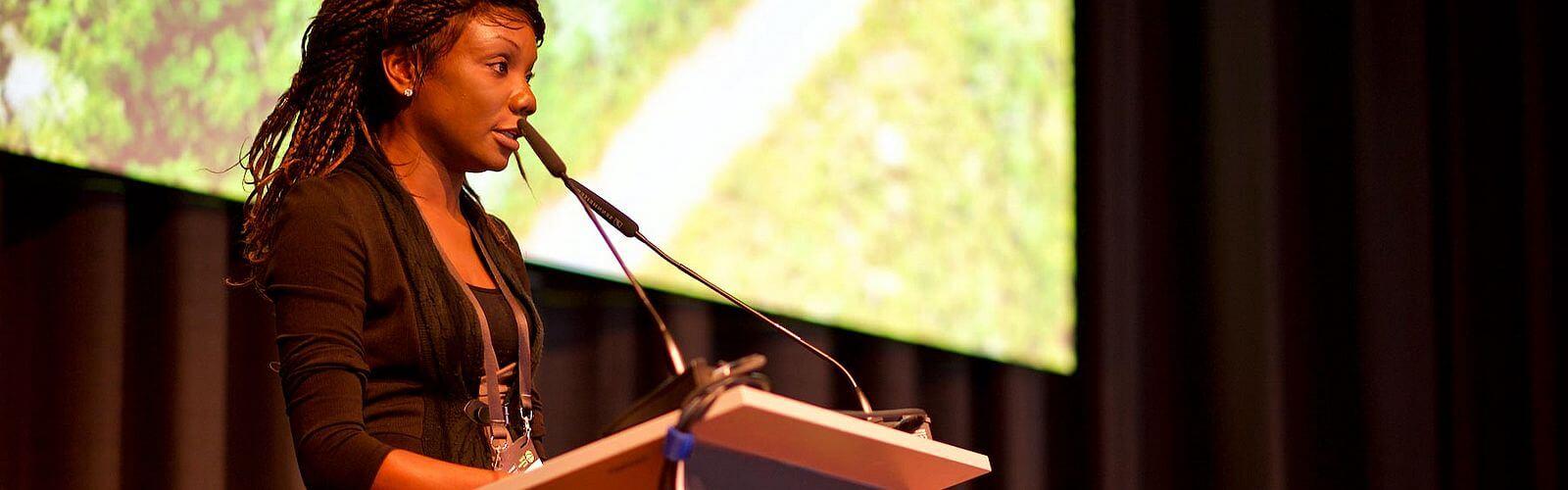 Marie Ange Ngo Bieng, a forest ecologist with CIRAD, speaking at the Global Landscapes Forum, Bonn, 2019 © Pilar Valbuena/GLF