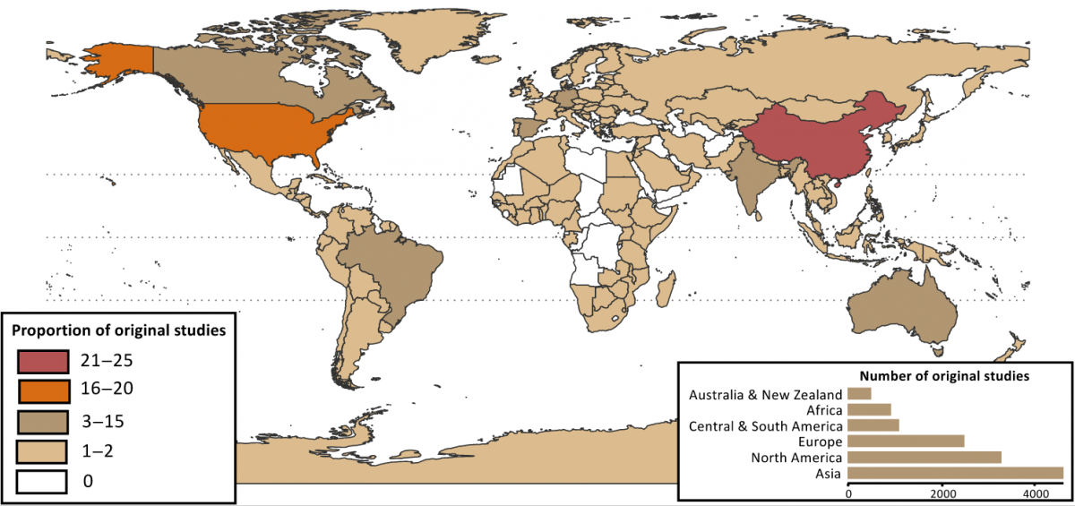 Figure extrait de la publication montrant la répartition géographique des études primaires synthétisées dans les 192 méta-analyses © Global Change Biology, Damien Beillouin et al. 2021